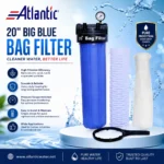 Atlantic 20-inch Big Blue Bag Filter with pressure gauge, blue filter housing, internal filter basket, white filter bag and installation wrench for efficient water filtration.