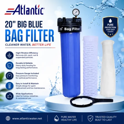 Atlantic 20-inch Big Blue Bag Filter with pressure gauge, blue filter housing, internal filter basket, white filter bag and installation wrench for efficient water filtration.