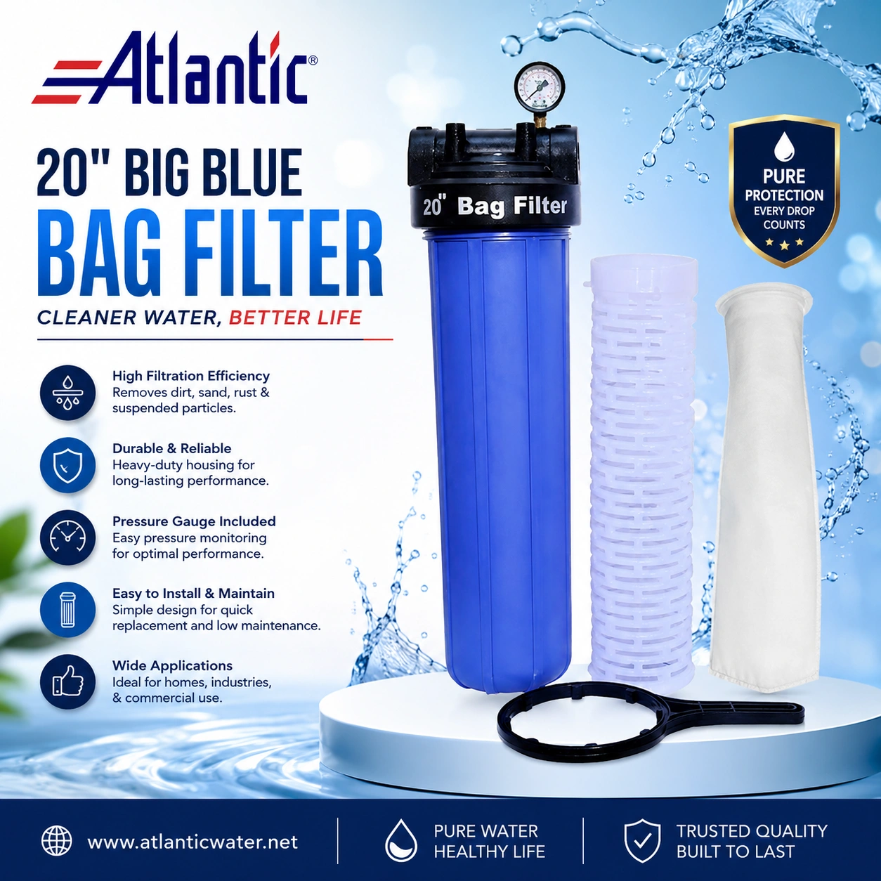 Atlantic 20-inch Big Blue Bag Filter with pressure gauge, blue filter housing, internal filter basket, white filter bag and installation wrench for efficient water filtration.
