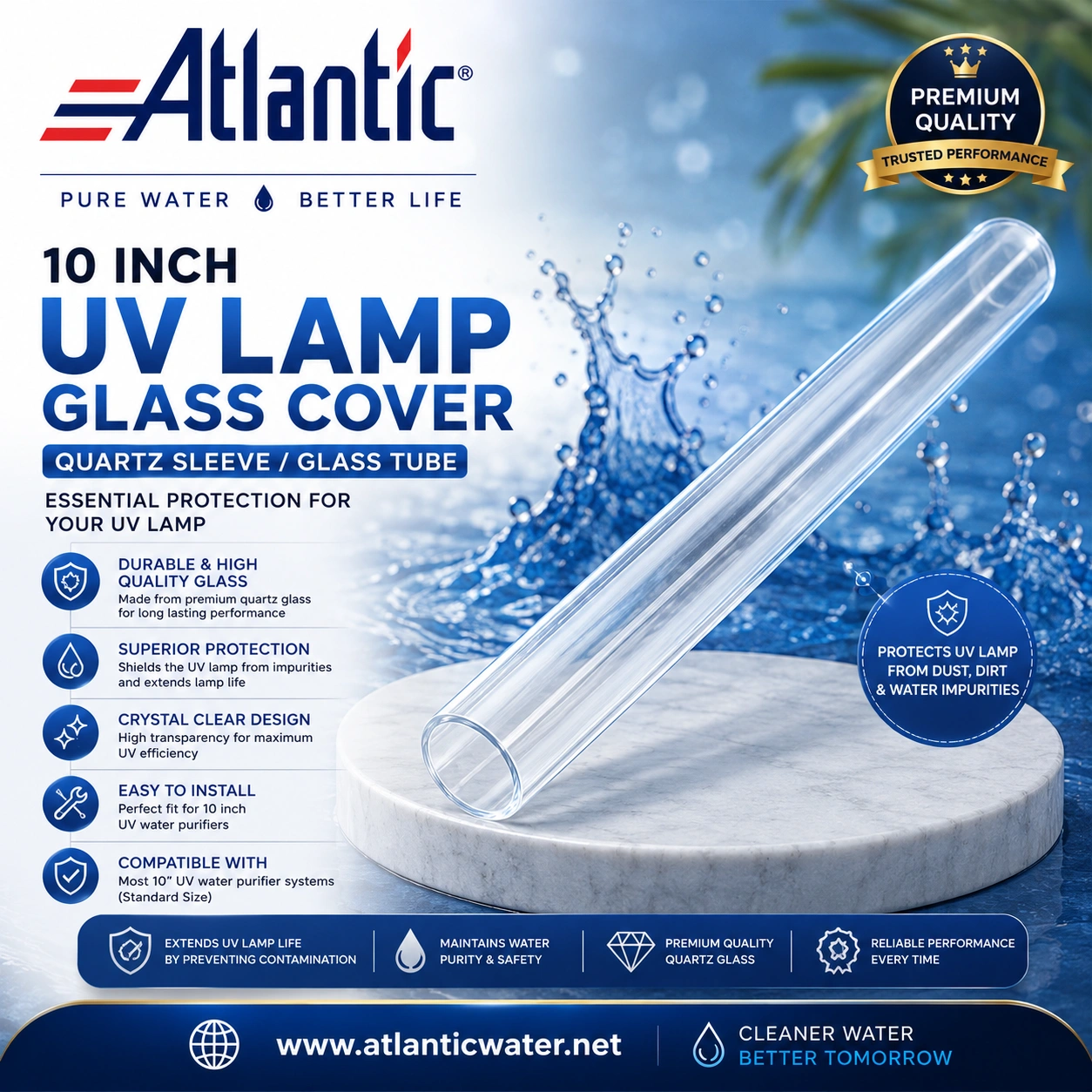 Atlantic 10 Inch UV Lamp Glass Cover Quartz Sleeve for RO Water Purifier