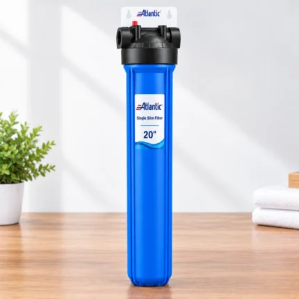 Atlantic Single Slim Filter 20 Inch with blue housing, black head, and white mounting plate for water filtration in Pakistan.