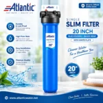 Atlantic Single Slim Filter 20 Inch with blue housing, black head, and white mounting plate for water filtration in Pakistan.