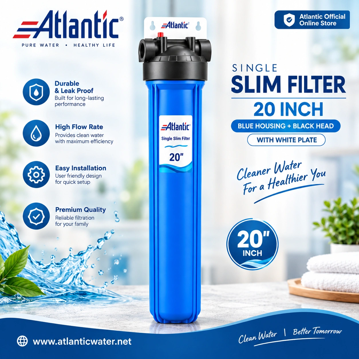 Atlantic Single Slim Filter 20 Inch with blue housing, black head, and white mounting plate for water filtration in Pakistan.
